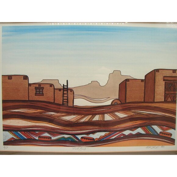 Southwest Pueblo Landscape Framed Art Modernist Signed Greg Kyle 1983 Vintage - Picture 2 of 12